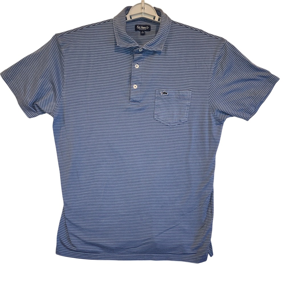Fish Hippie Co Mens Blue Striped Pima Cotton Spandex Polo Shirt Large Pocket